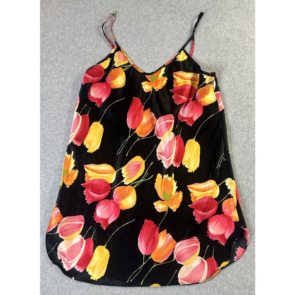 Vintage Romantic Moods Floral Satin Cami Nightgown Slip Top Black Tulip M L